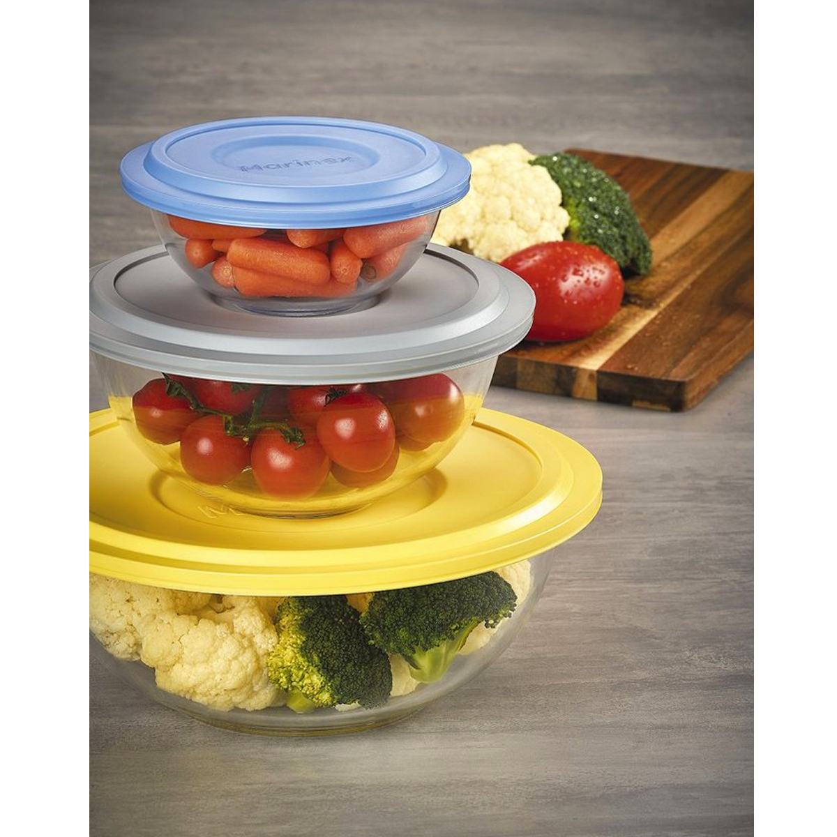 Kit 3 Potes De Vidro Redondos Plus Marinex 1,5L Com Tampas De Cores Sortidas Tigelas Bowl