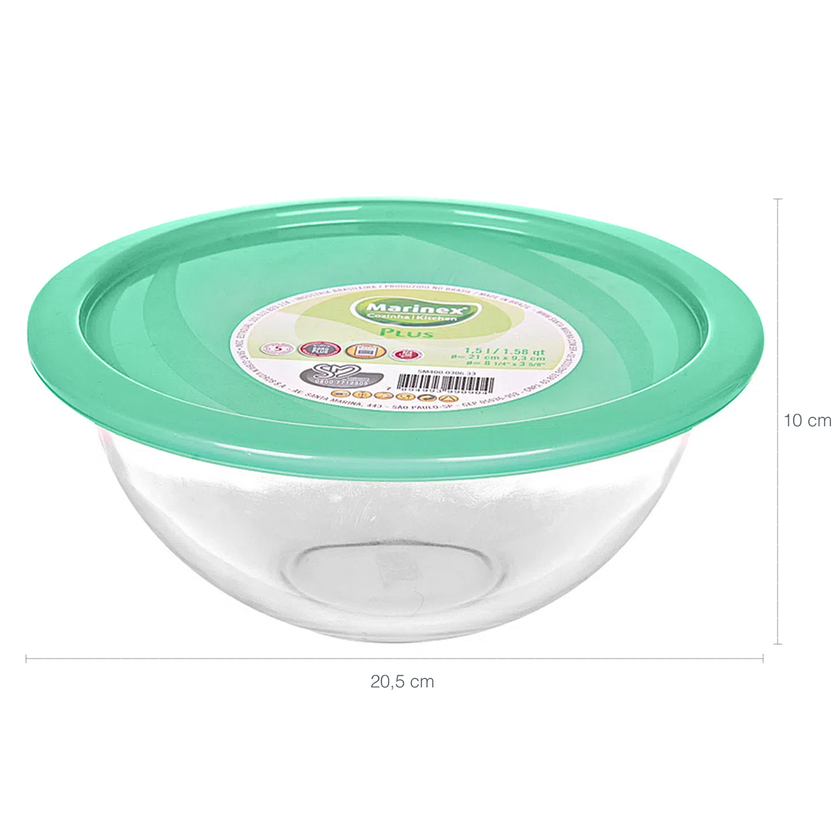 Kit 3 Potes De Vidro Redondos Plus Marinex 1,5L Com Tampas De Cores Sortidas Tigelas Bowl