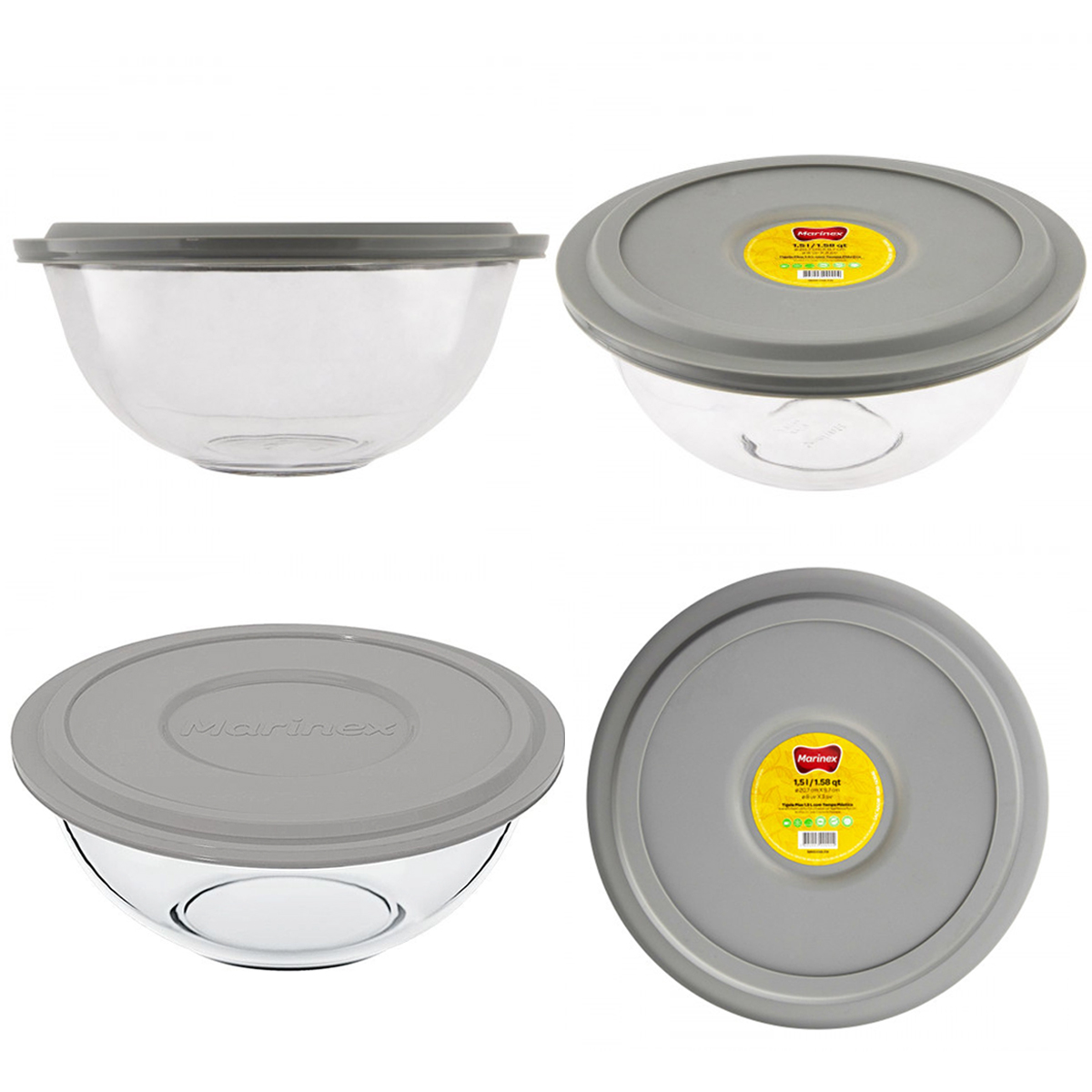 Kit 3 Potes De Vidro Redondos Plus Marinex 1,5L Com Tampas De Cores Sortidas Tigelas Bowl