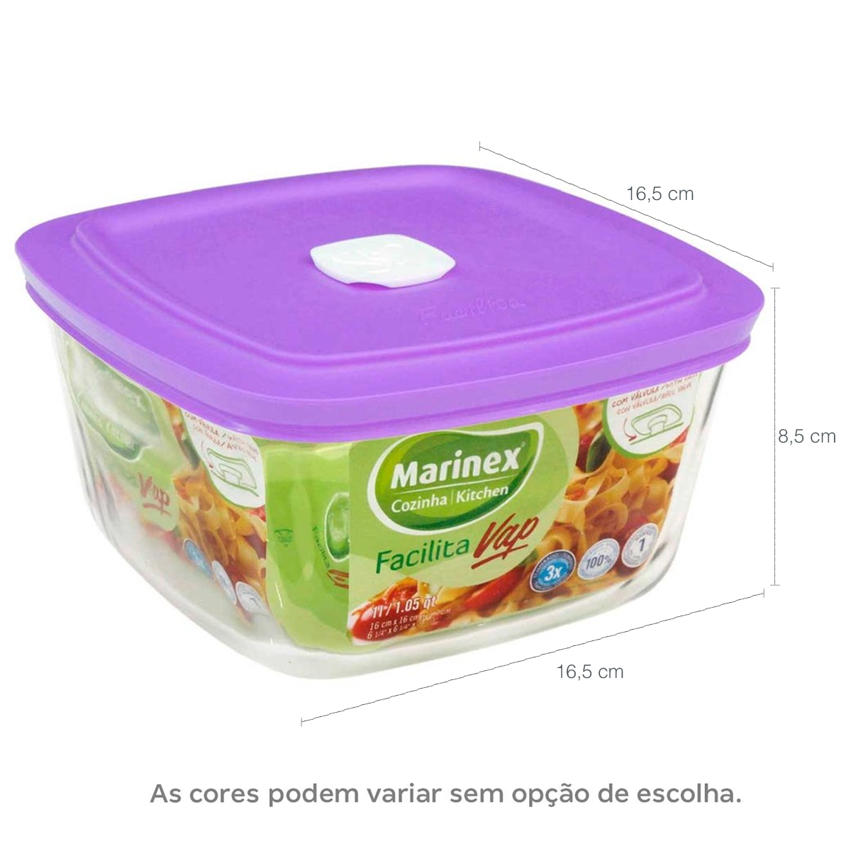 Kit 3 Potes Marinex Facilita Vap 1 Litro Tigelas Quadradas Com Tampas De Cores Sortidas