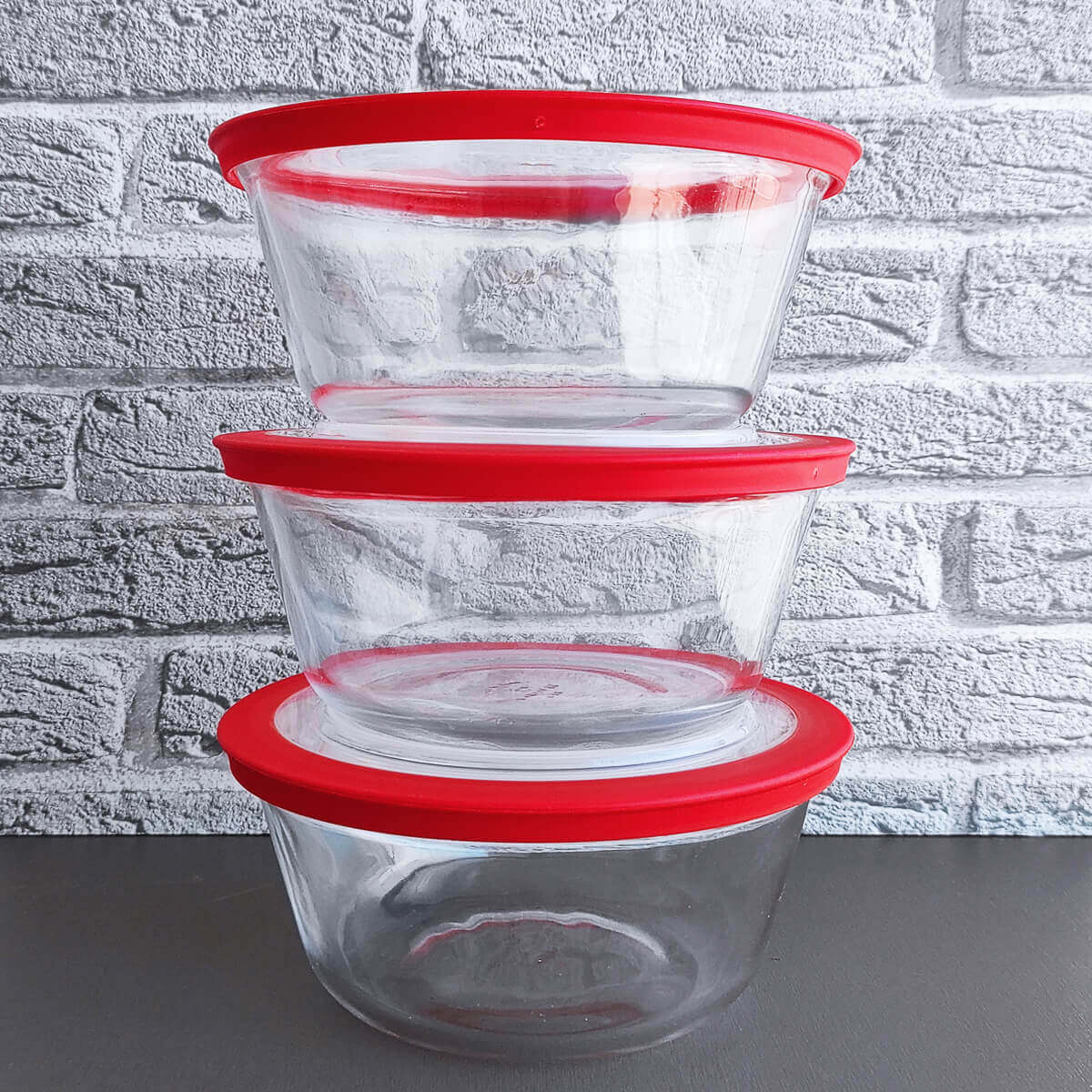 Kit 3 Potes Redondos Tigela De Vidro 1,2l Médio com Tampa Plástica Facilitá Marinex