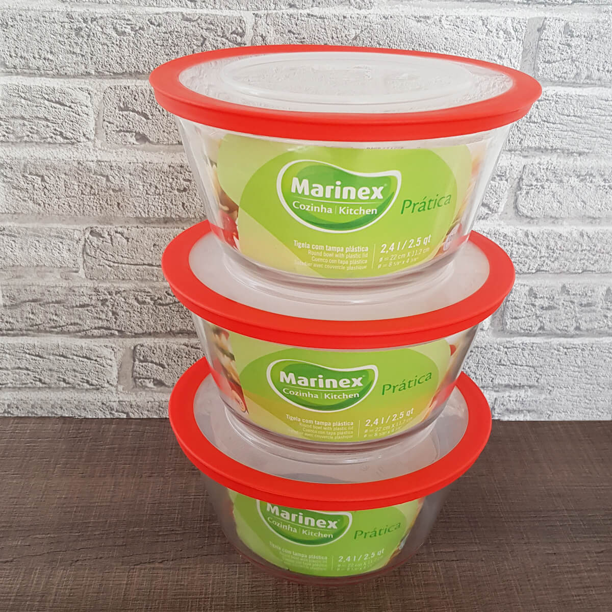 Kit 3 Potes de Vidro Redondo com Tampa Plástica 2,4l Cozinha Prática Marinex