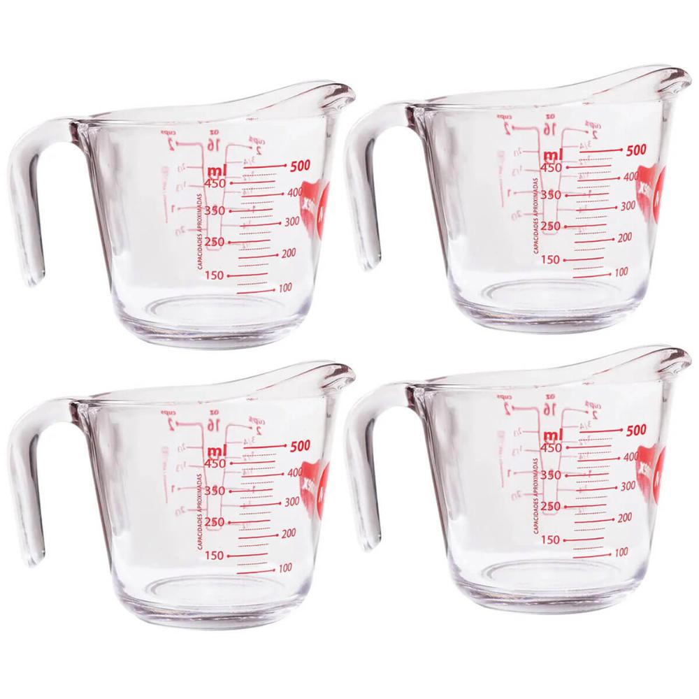 Kit 4 Jarras Medidoras de Vidro Marinex 500ml com Bico e Alça Restaurante Padaria
