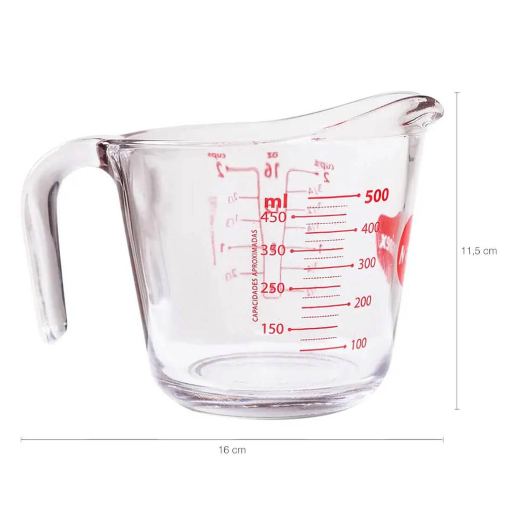 Kit 4 Jarras Medidoras de Vidro Marinex 500ml com Bico e Alça Restaurante Padaria