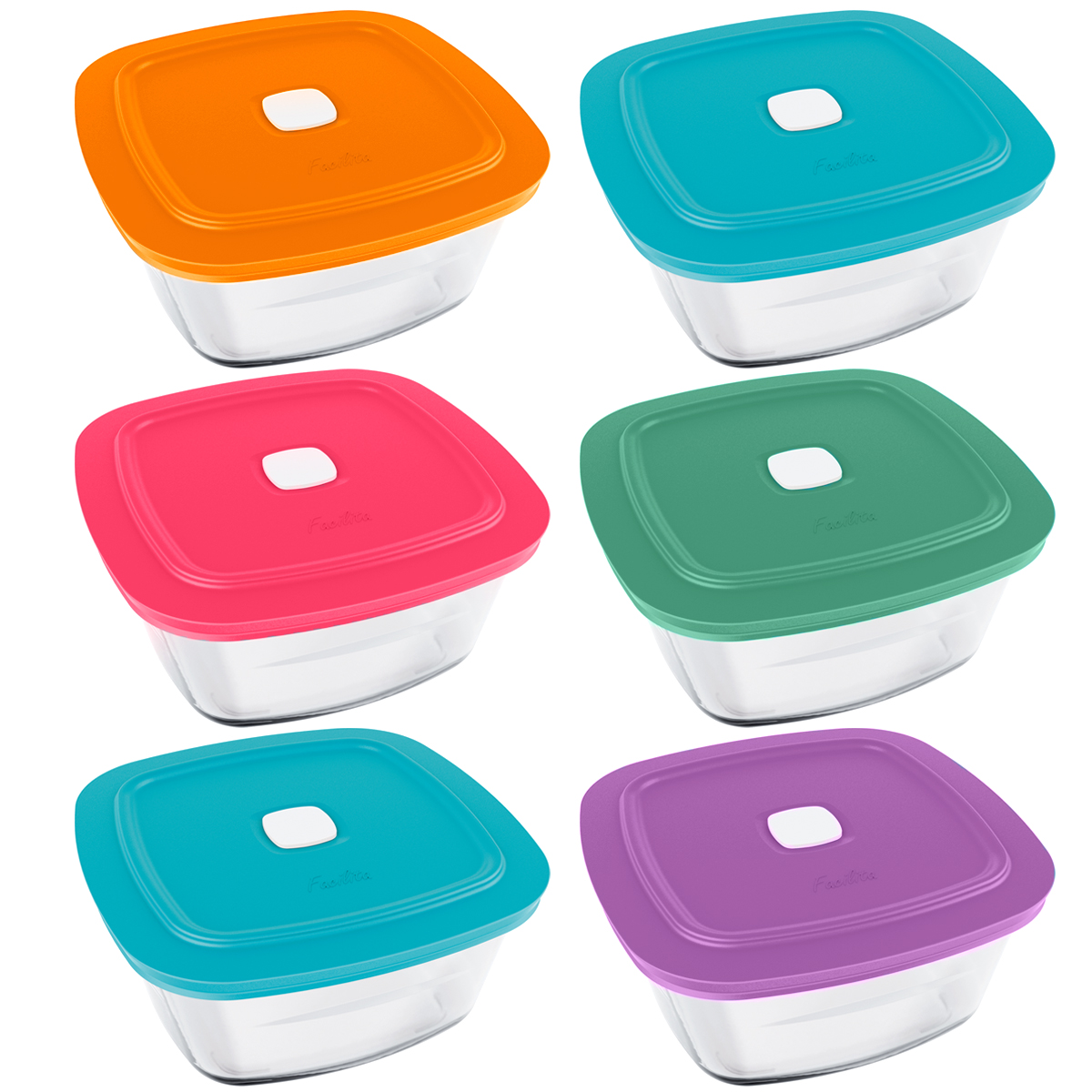 Kit 6 Tigelas Quadradas De Vidro 2L Marinex Facilita Potes Com Tampas Plásticas Cores Sortidas