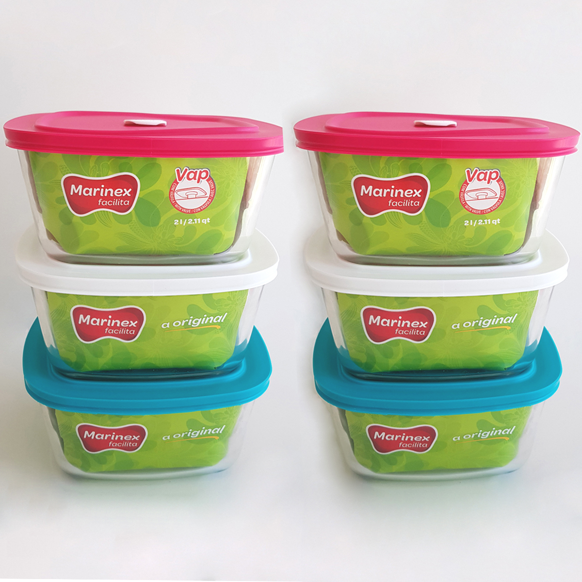 Kit 6 Tigelas Quadradas De Vidro 2L Marinex Facilita Potes Com Tampas Plásticas Cores Sortidas