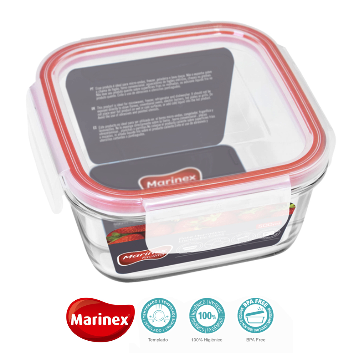 Pote Hermético Quadrado Vidro Temperado Tampa Com 4 Travas Marmita 500ml Marinex Facilita