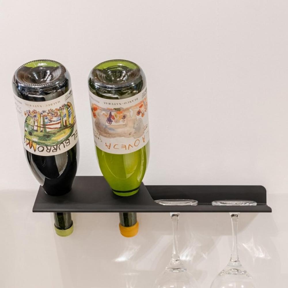 Adega de Parede Preta Suporte 2 Garrafas de Vinho Porta 2 Ta