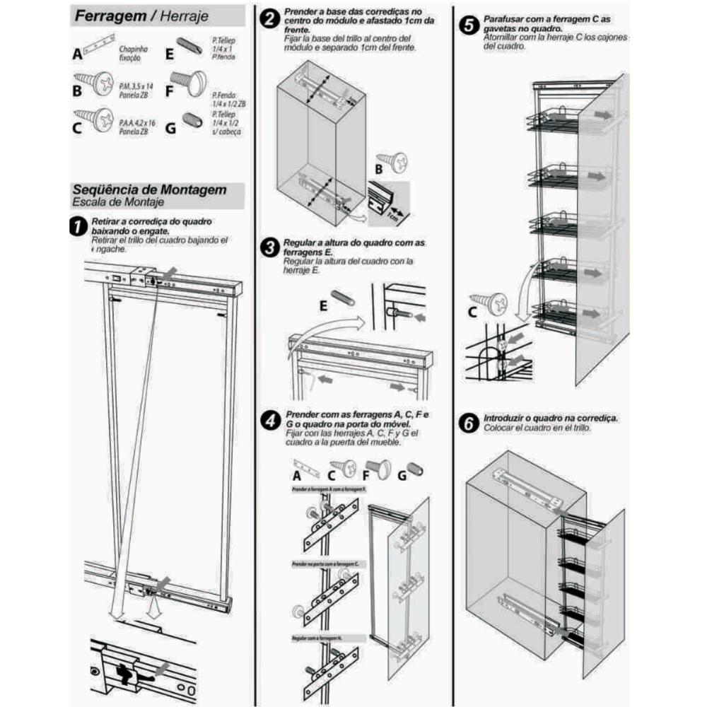 Coluna Deslizante com 5 Cestos Aramados 40x34cm para Armário