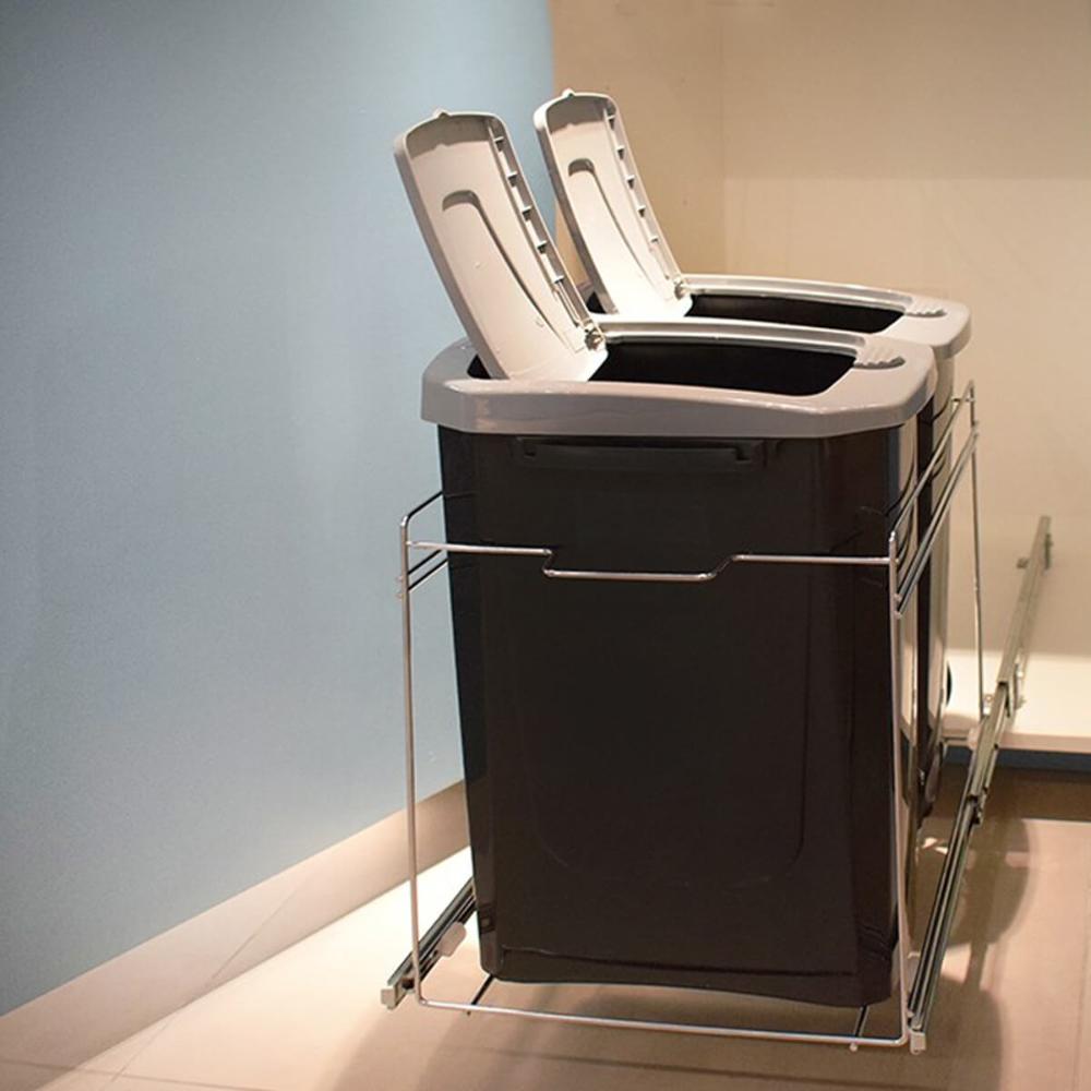 Lixeira Dupla Deslizante Cozinha 15l Preta Aço Inox Corrediç