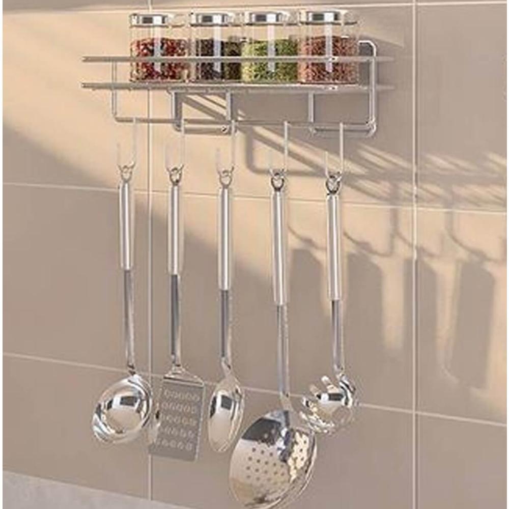 Porta Condimentos Inox de Parede Suporte Temperos 5 Ganchos