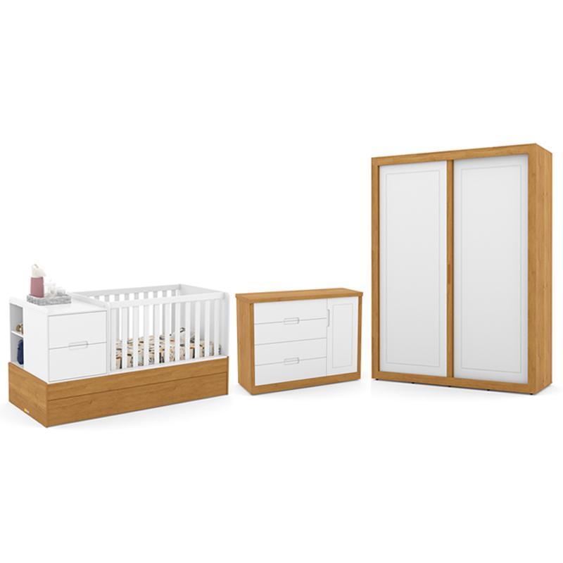 Dormitório Completo Infantil Tutto New 2 Portas de Correr, Cômoda e Berço Multifuncional Formare Branco Soft/Freijó - Matic Móveis