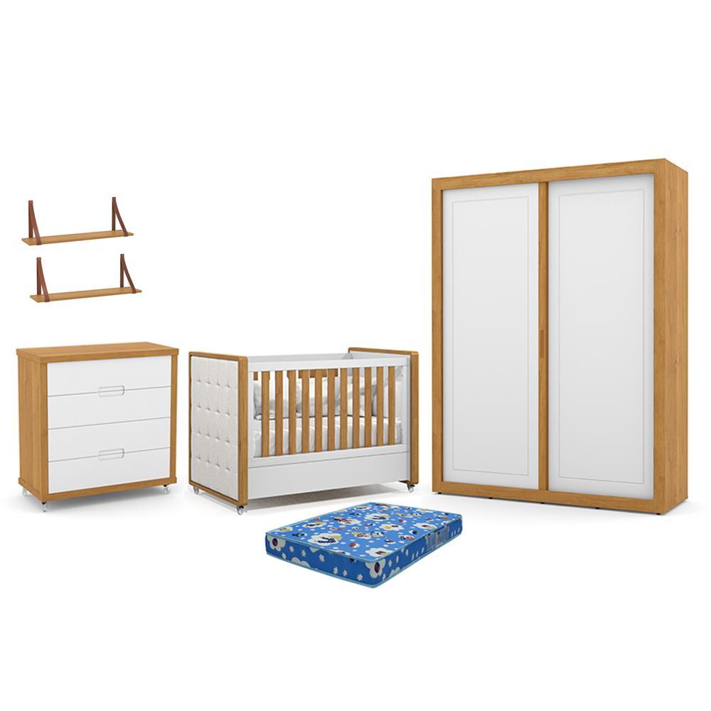 Dormitório Tutto 2 Portas, Cômoda, Berço Branco Soft/Freijó com Capitonê, Colchão Physical e Prateleiras - Matic Móveis