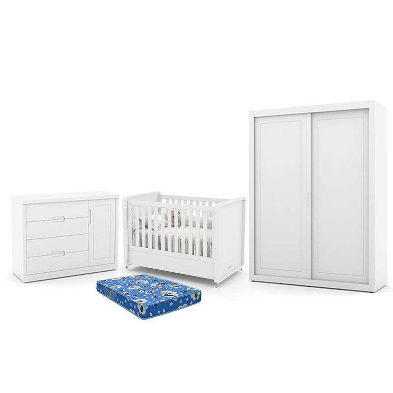 Dormitório Tutto New 2 Portas, Cômoda 1 Porta, Berço Branco Soft com Colchão - Matic Móveis