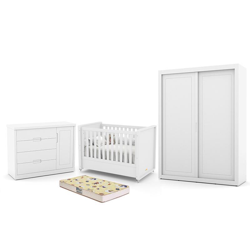 Dormitório Tutto New 2 Portas, Cômoda 1 Porta, Berço Branco Soft com Colchão D18 - Matic Móveis