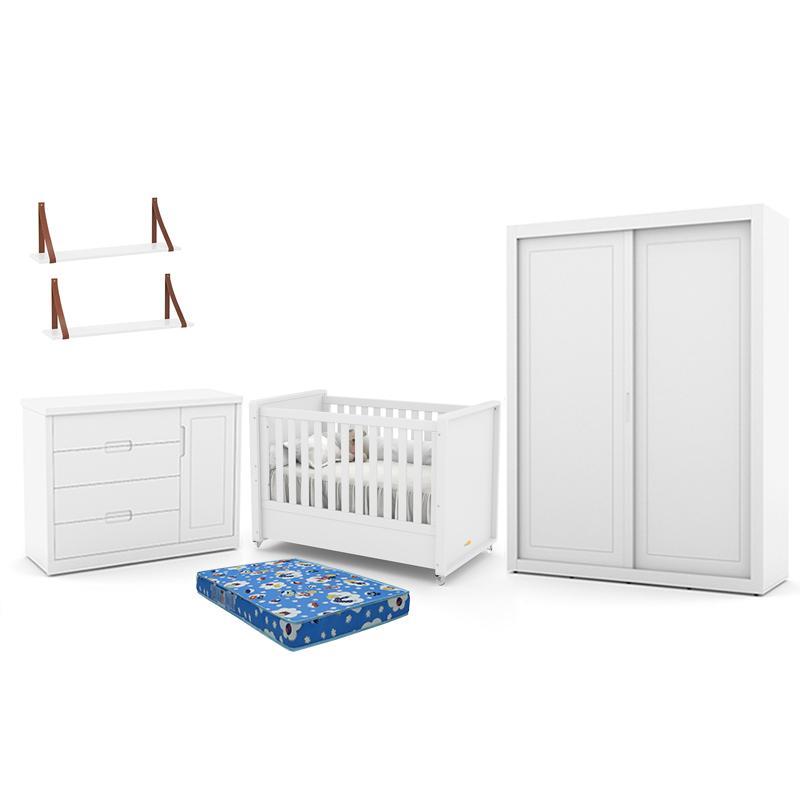 Dormitório Tutto New 2 Portas, Cômoda 1 Porta, Berço Branco Soft com Colchão e Prateleiras - Matic Móveis