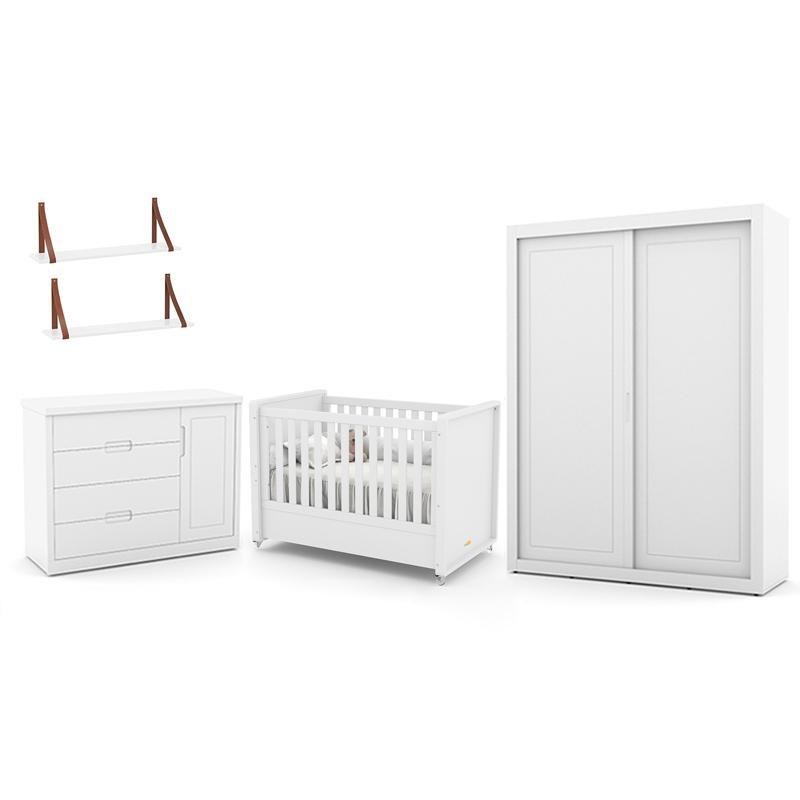 Dormitório Tutto New 2 Portas, Cômoda 1 Porta, Berço Branco Soft e Prateleiras - Matic Móveis