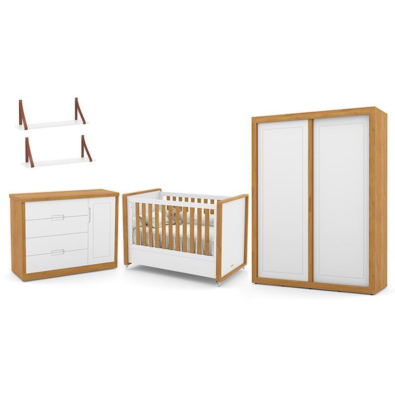 Dormitório Tutto New 2 Portas, Cômoda 1 Porta, Berço Branco Soft/Freijó e Prateleiras - Matic Móveis  
