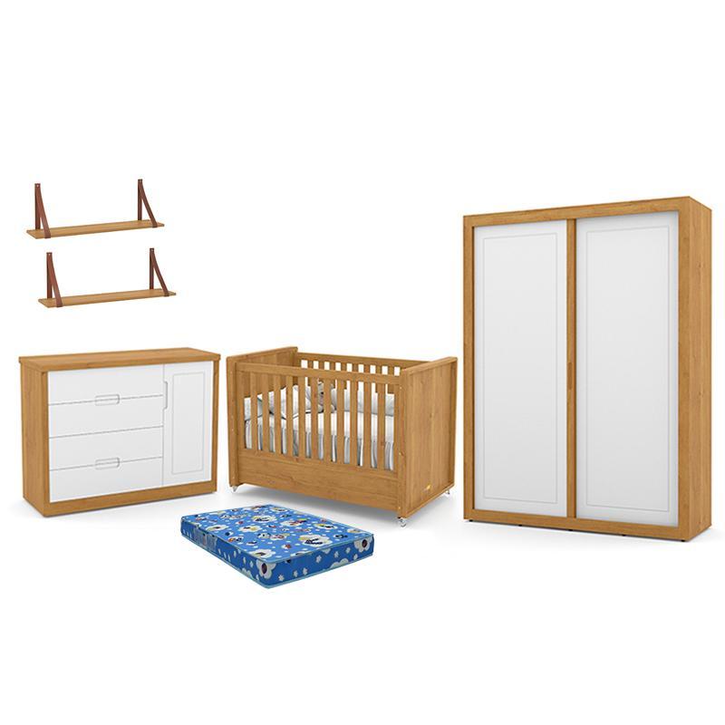Dormitório Tutto New 2 Portas, Cômoda 1 Porta, Berço Freijó/Branco Soft com Colchão e Prateleiras - Matic Móveis  