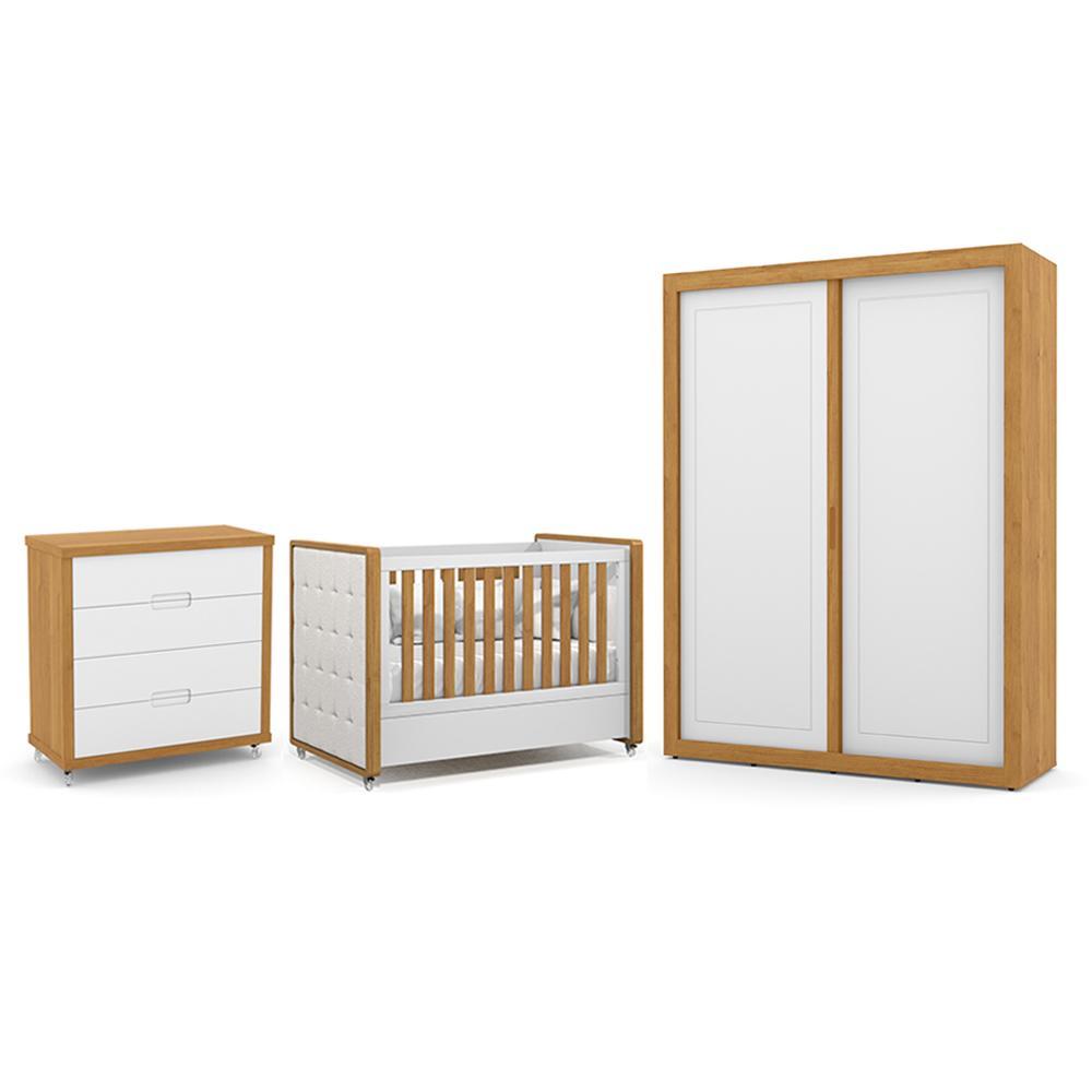 Dormitório Tutto New 2 Portas, Cômoda 4 Gavetas e Berço Branco Soft/Freijó com Capitonê - Matic Móveis