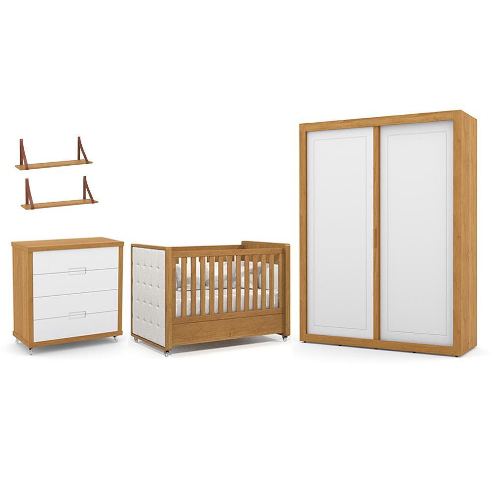 Dormitório Tutto New 2 Portas, Cômoda 4 Gavetas e Berço Freijó/Branco Soft com Capitonê e Prateleiras - Matic Móveis