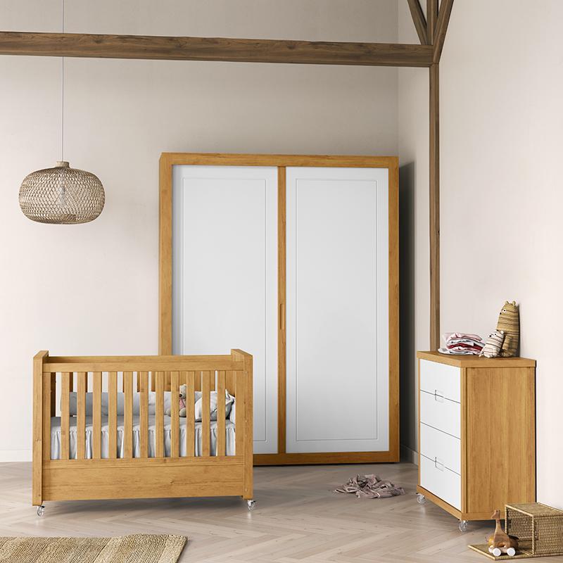 Dormitório Tutto New 2 Portas, Cômoda 4 Gavetas e Berço Freijó/Branco Soft com Colchão - Matic Móveis  