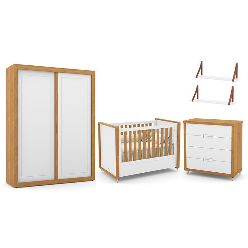 Dormitório Tutto New 2 Portas, Cômoda, Berço Branco Soft/Freijó e Prateleiras - Matic Móveis 