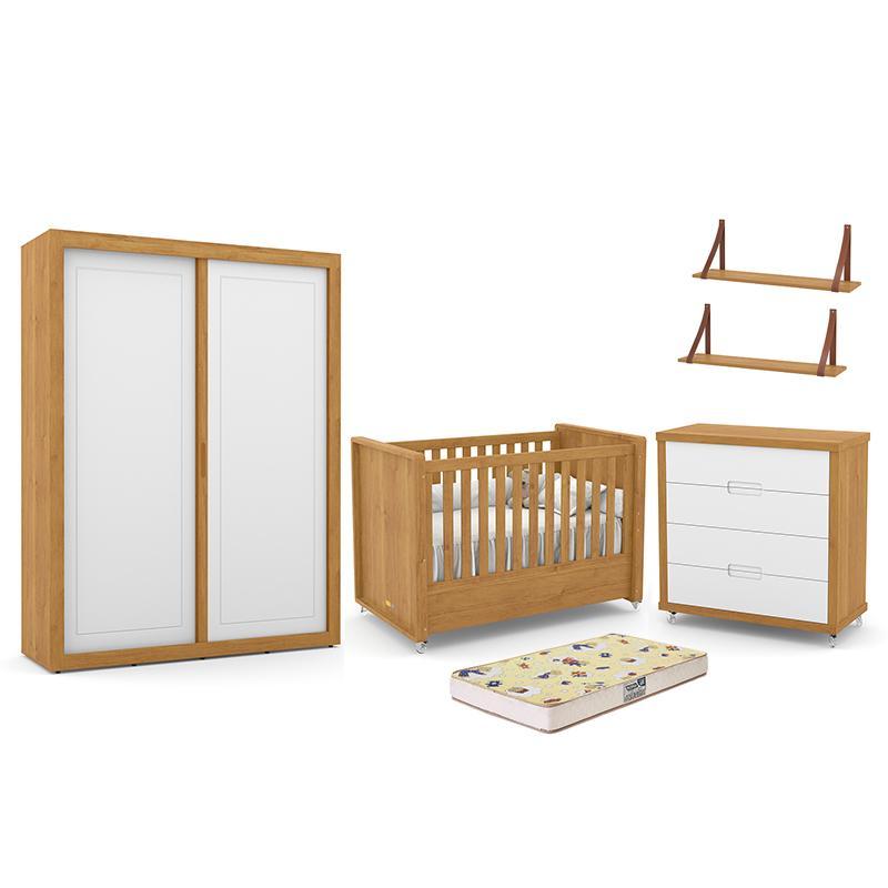 Dormitório Tutto New 2 Portas, Cômoda, Berço Freijó/Branco Soft com Colchão D18 e Prateleiras - Matic Móveis  
