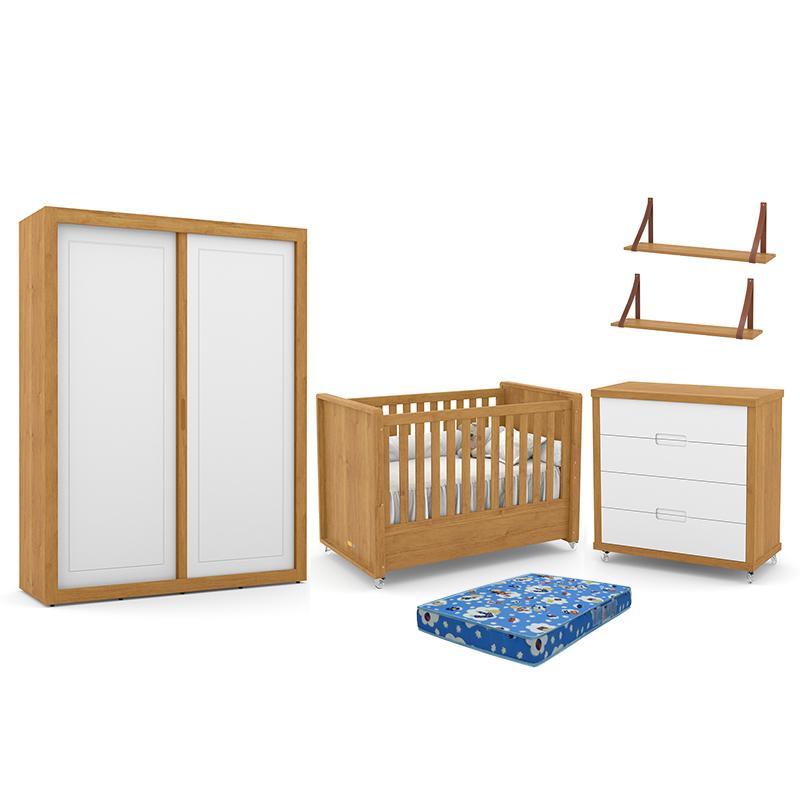 Dormitório Tutto New 2 Portas, Cômoda, Berço Freijó/Branco Soft com Colchão e Prateleiras - Matic Móveis  