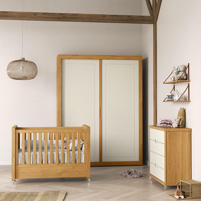 Dormitório Tutto New 2 Portas, Cômoda, Berço Freijó/Off White e Prateleiras - Matic Móveis 