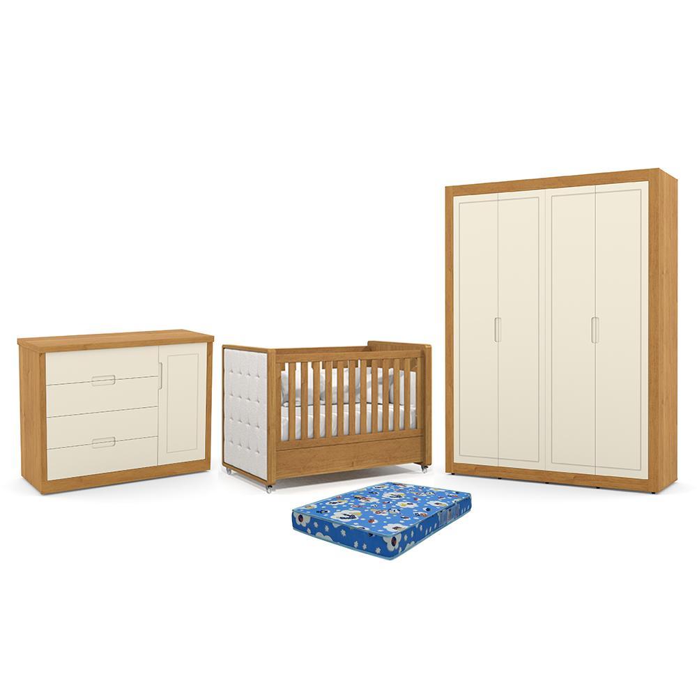 Dormitório Tutto New 4 Portas, Cômoda 1 Porta e Berço Freijó/Off White com Capitonê e Colchão Physical - Matic Móveis