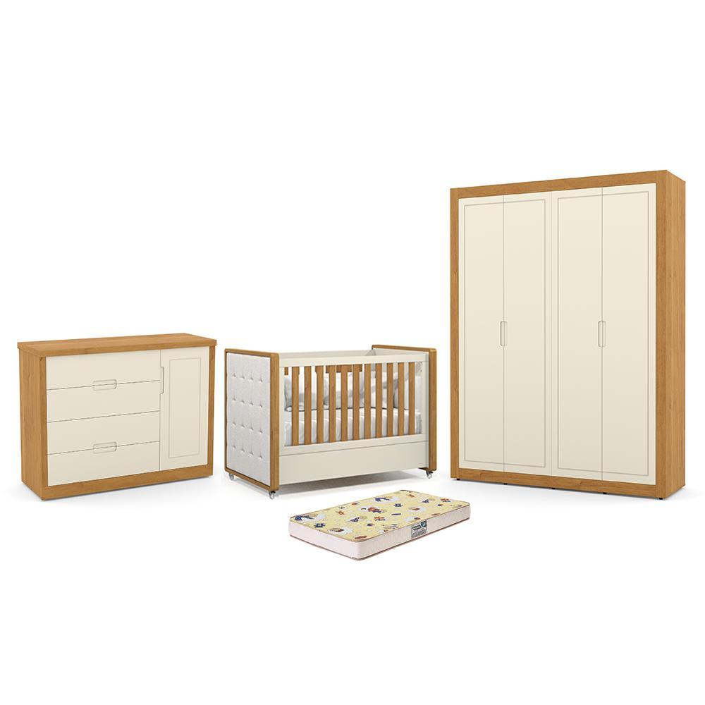 Dormitório Tutto New 4 Portas, Cômoda 1 Porta e Berço Off White/Freijó com Capitonê e Colchão Supreme - Matic Móveis