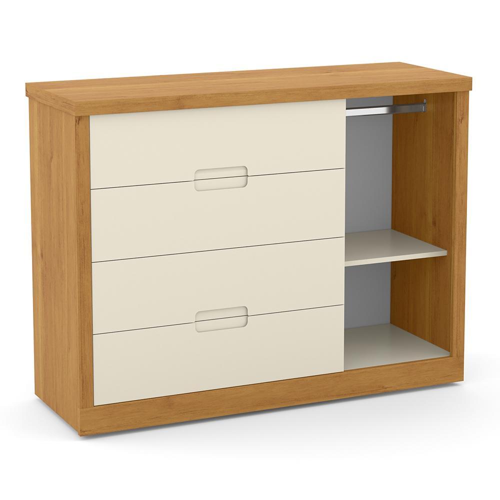 Dormitório Tutto New 4 Portas, Cômoda 1 Porta e Berço Off White/Freijó com Capitonê e Colchão Supreme - Matic Móveis