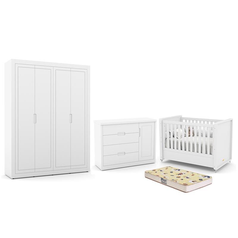 Dormitório Tutto New 4 Portas, Cômoda 1 Porta, Berço Branco Soft com Colchão D18 - Matic Móveis