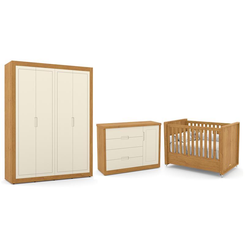 Dormitório Tutto New 4 Portas, Cômoda 1 Porta, Berço Freijó/Off White - Matic Móveis 