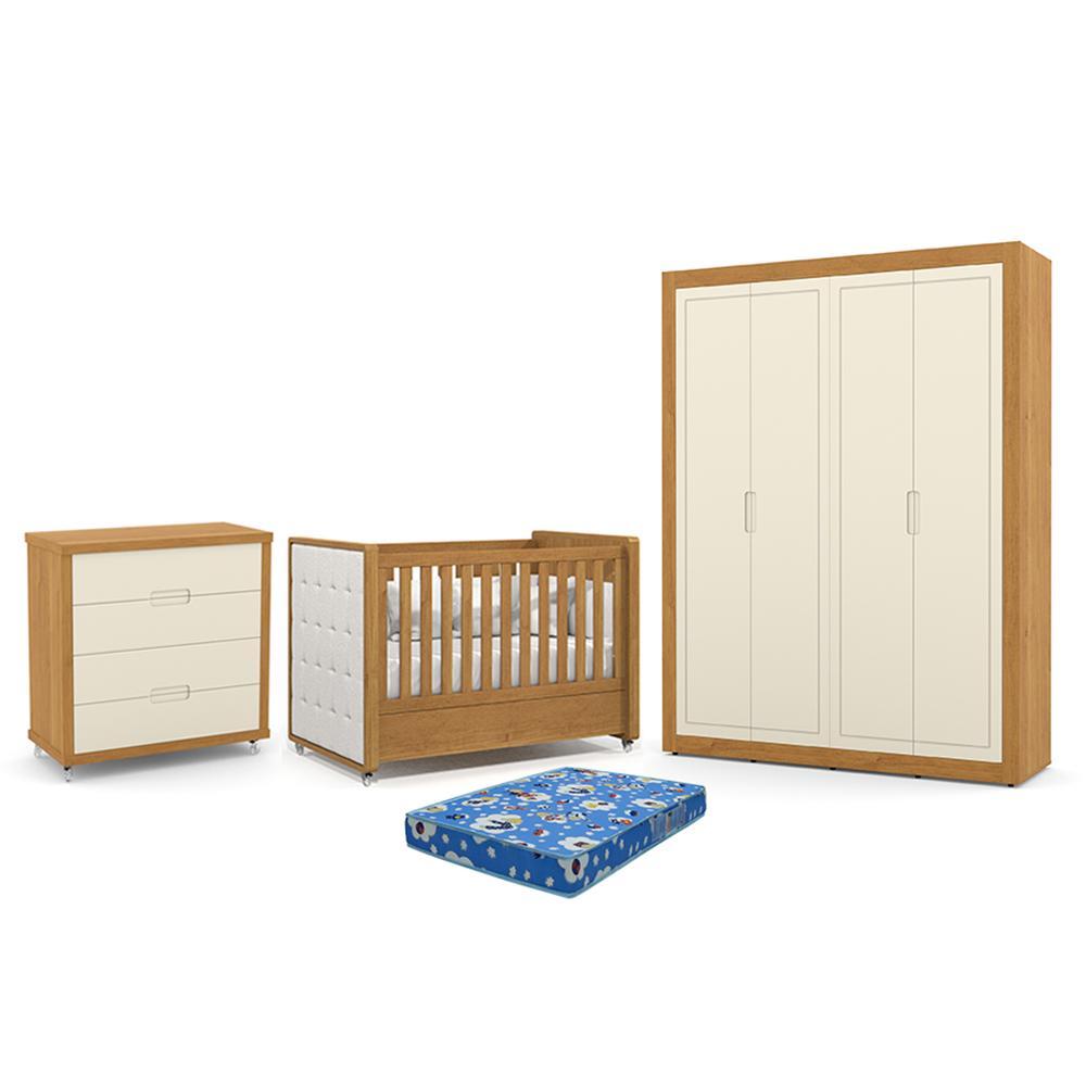 Dormitório Tutto New 4 Portas, Cômoda 4 Gavetas e Berço Freijó/Off White com Capitonê e Colchão Physical - Matic Móveis