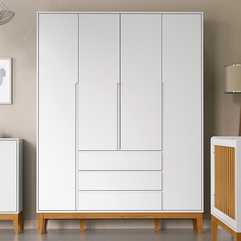Guarda Roupa Infantil 4 Portas e 3 Gavetas Nature Clean Branco Soft/Eco Wood - Matic Móveis