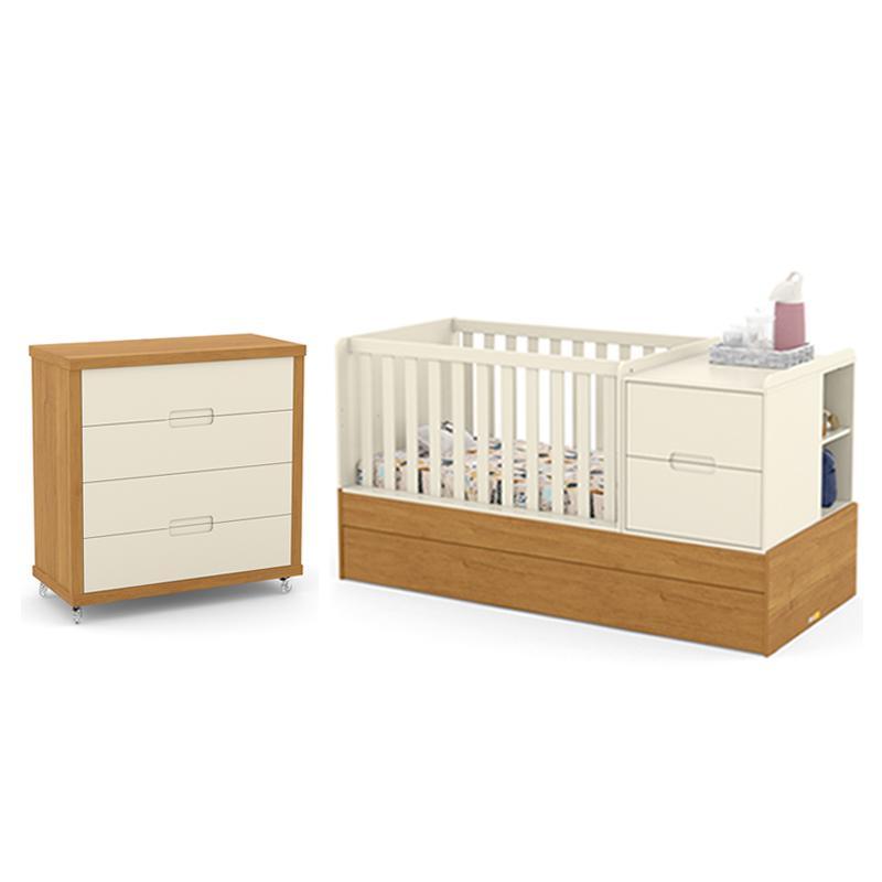 Jogo de Quarto Infantil Tutto New Cômoda 4 Gavetas e Berço Multifuncional Formare Off White/Freijó - Matic Móveis