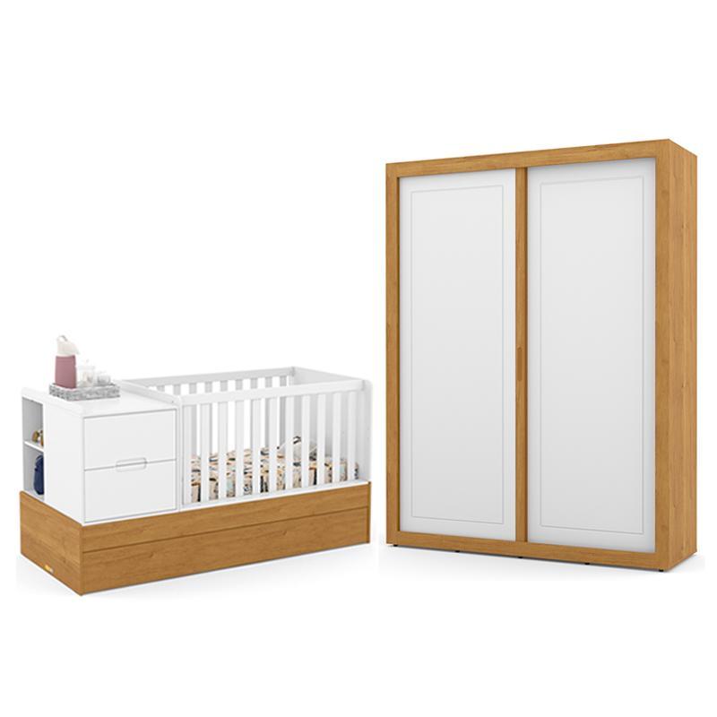 Jogo de Quarto Infantil Tutto New com Guarda Roupa 2 Portas de Correr e Berço Multifuncional Formare Branco Soft/Freijó - Matic Móveis