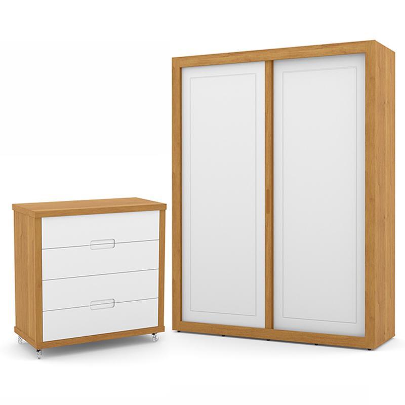 Jogo de Quarto Infantil com Guarda Roupa 2 Portas de Correr e Cômoda 4 Gavetas Tutto New Branco Soft/Freijó - Matic Móveis 