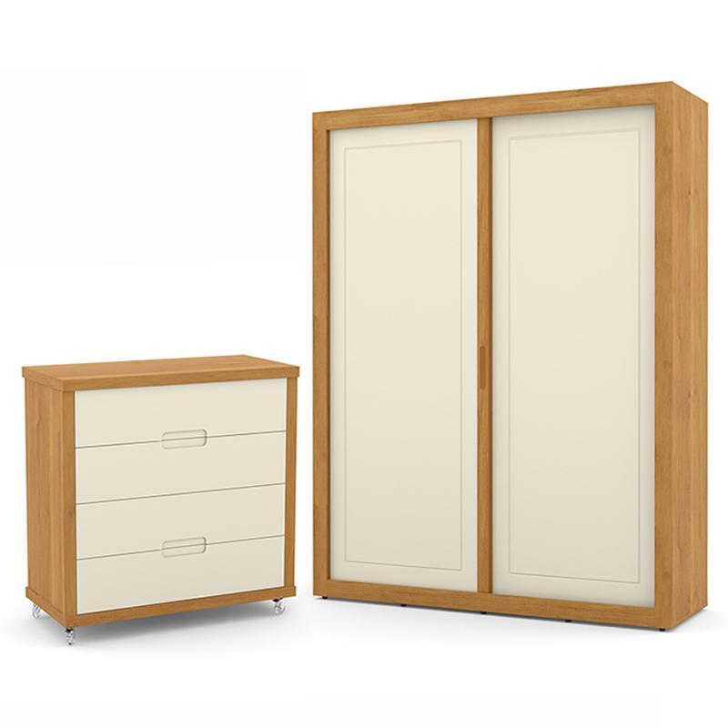 Jogo de Quarto Infantil com Guarda Roupa 2 Portas de Correr e Cômoda 4 Gavetas Tutto New Off White/Freijó - Matic Móveis 