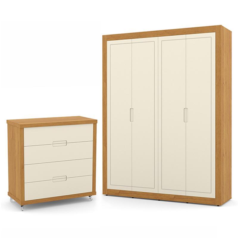 Jogo de Quarto Infantil com Guarda Roupa 4 Portas e Cômoda 4 Gavetas Tutto New Off White/Freijó - Matic Móveis
