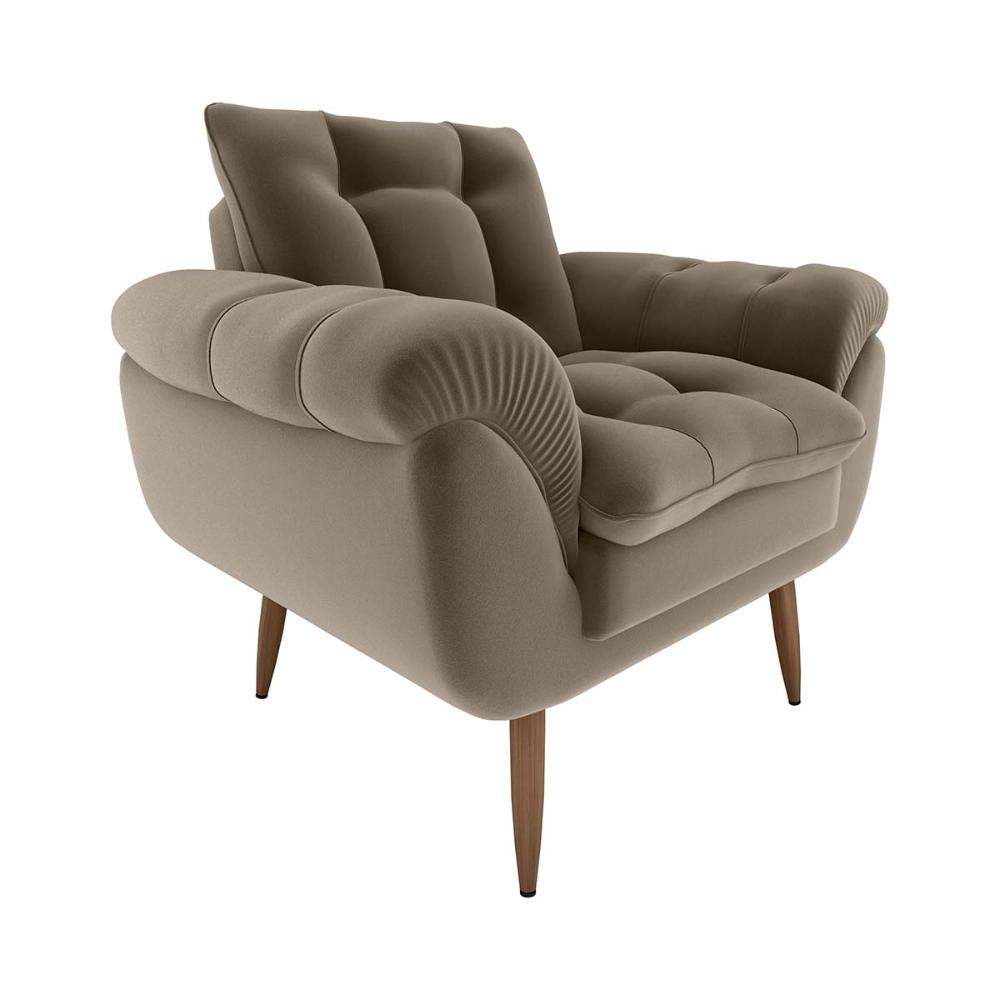 Poltrona Decorativa Confortável Pés Em Madeira Maciça Xangai Veludo Capuccino Matrix
