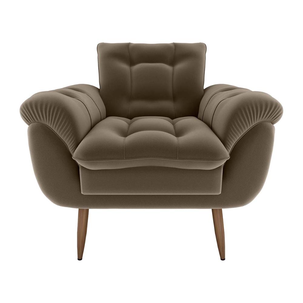 Poltrona Decorativa Confortável Pés Em Madeira Maciça Xangai Veludo Capuccino Matrix