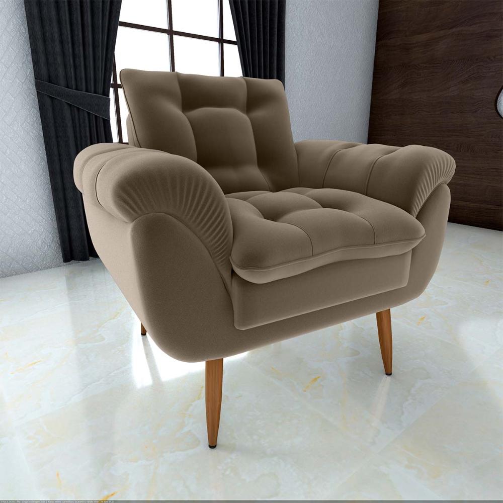 Poltrona Decorativa Confortável Pés Em Madeira Maciça Xangai Veludo Capuccino Matrix