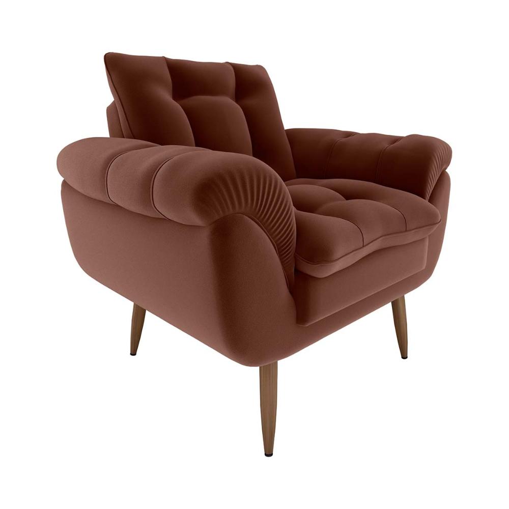 Poltrona Decorativa Confortável Pés Em Madeira Maciça Xangai Veludo Ferrugem Matrix