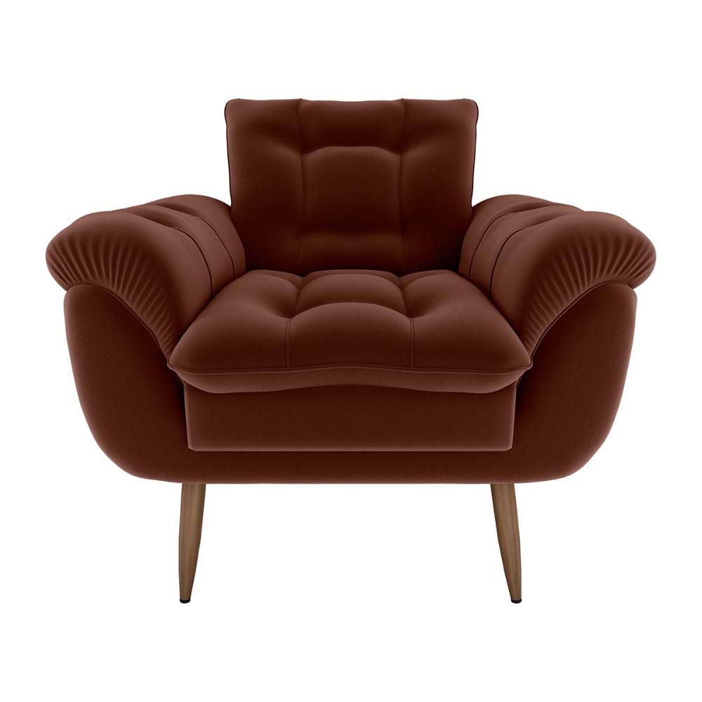 Poltrona Decorativa Confortável Pés Em Madeira Maciça Xangai Veludo Ferrugem Matrix