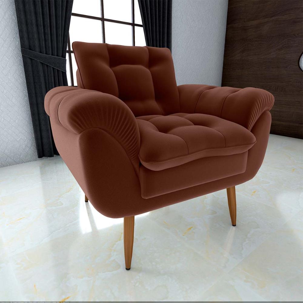 Poltrona Decorativa Confortável Pés Em Madeira Maciça Xangai Veludo Ferrugem Matrix