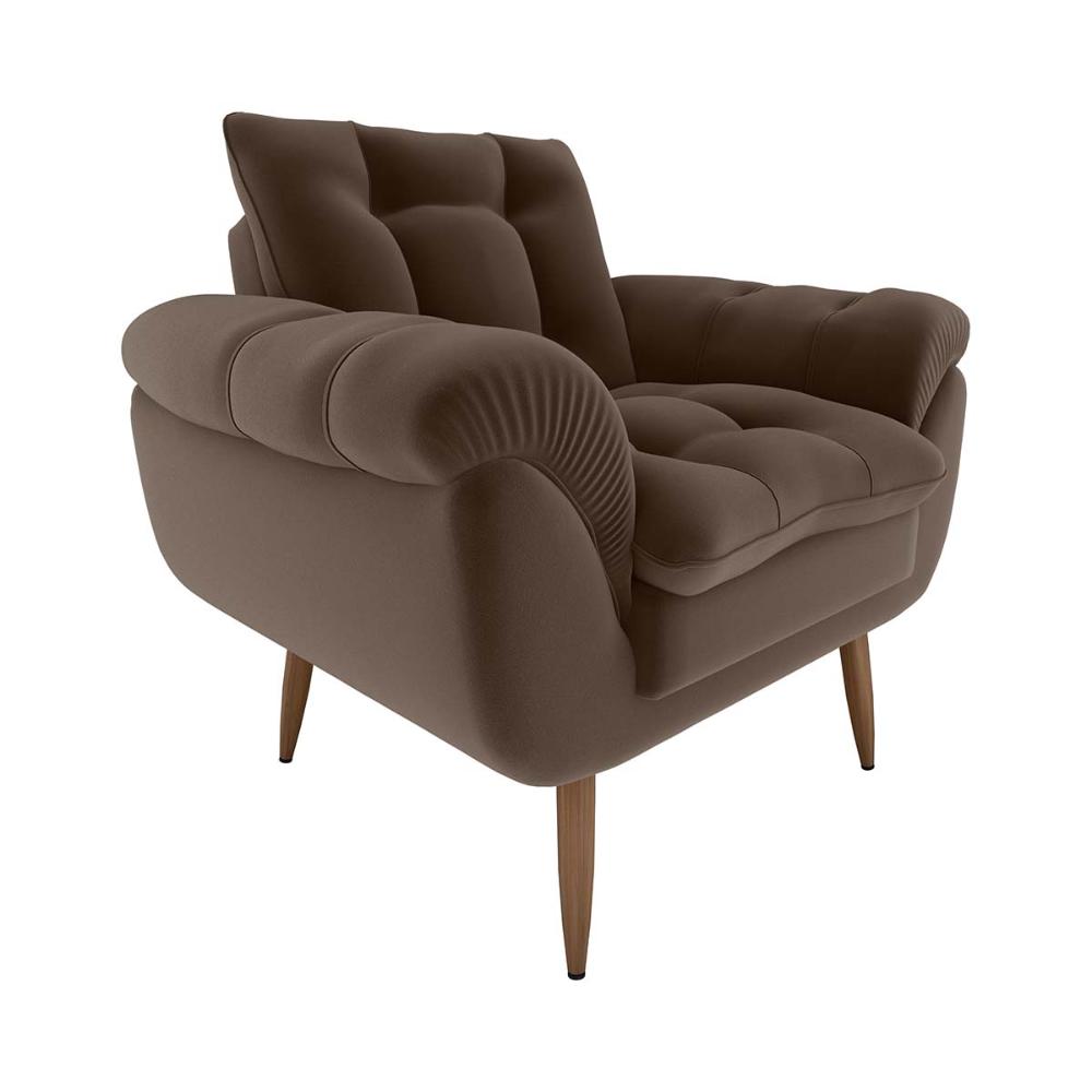 Poltrona Decorativa Confortável Pés Em Madeira Maciça Xangai Veludo Marrom Matrix