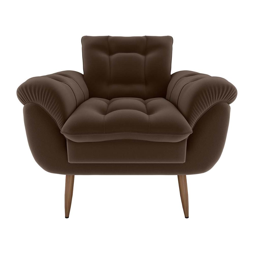 Poltrona Decorativa Confortável Pés Em Madeira Maciça Xangai Veludo Marrom Matrix